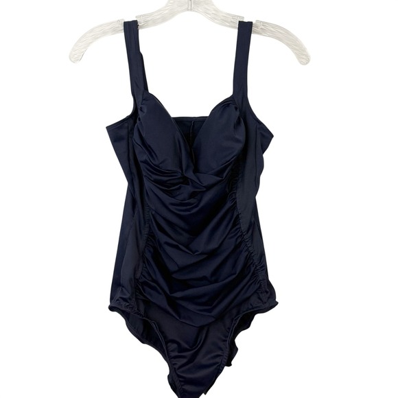 Miraclesuit One Piece Estilo Swimsuit Navy Blue Ruched Size 12 Tummy Control